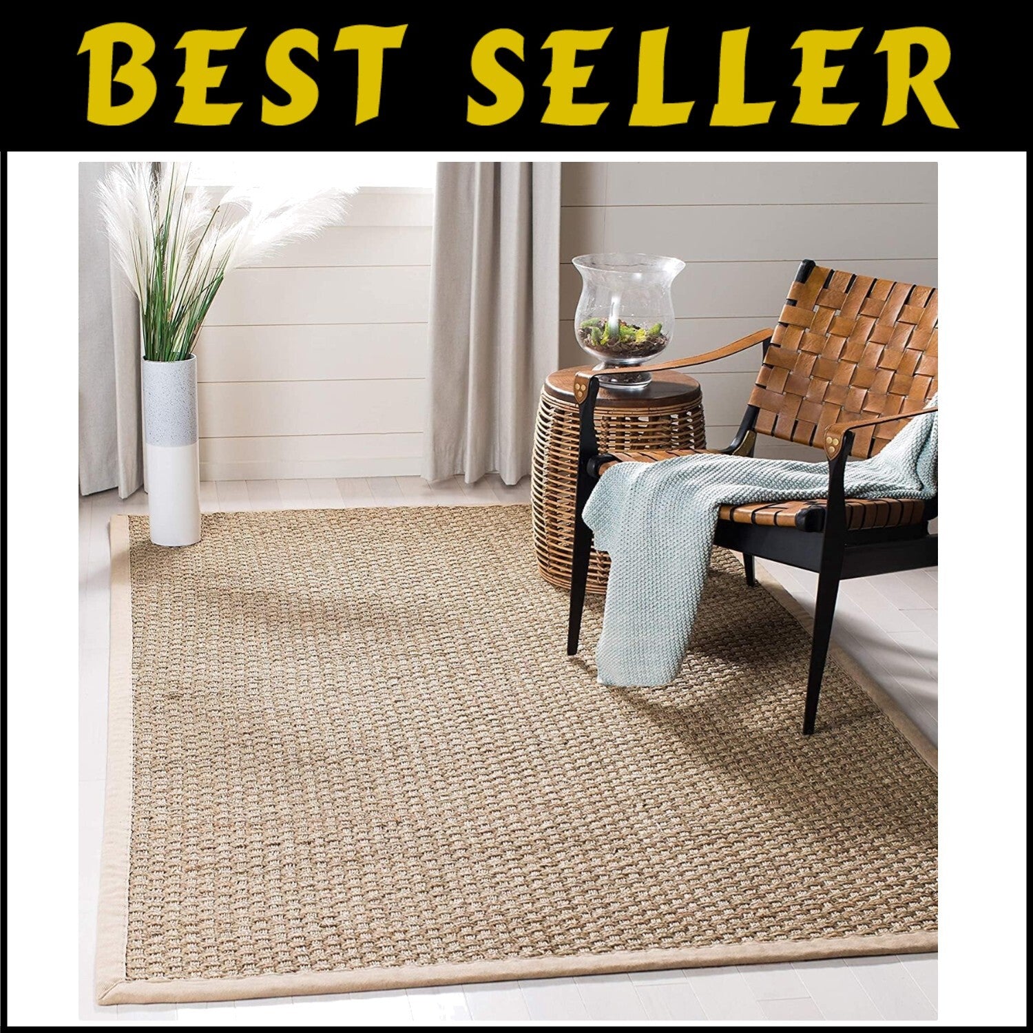 Eco-Friendly 3' x 5' Seagrass Accent Rug with Cotton Border - Durable & Stylish