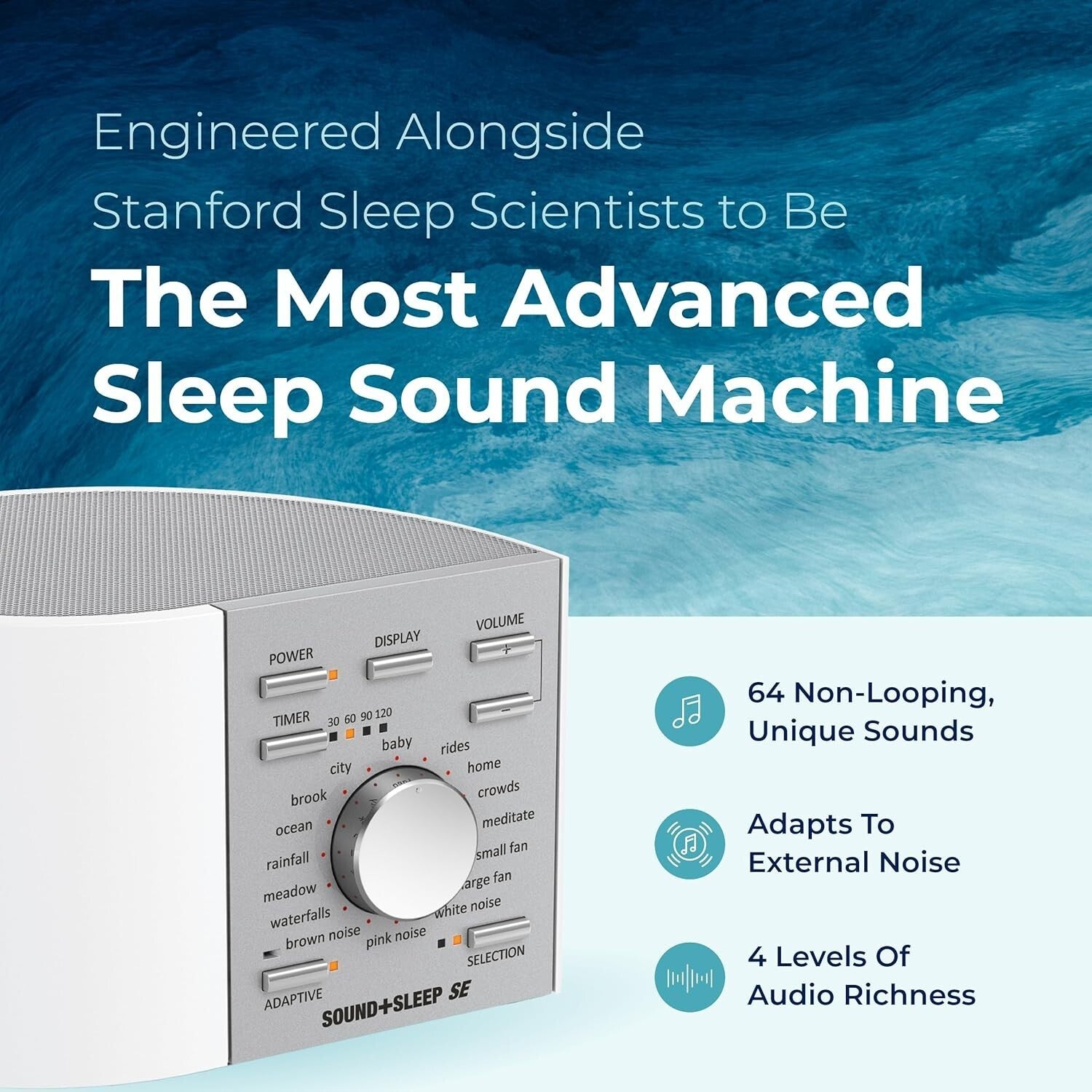 Compact White/Silver Noise Machine with Adaptive Sound Technology for Sleep Aid