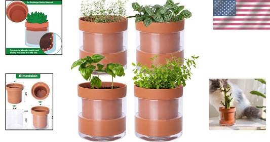 4-Inch Terracotta Clay Pot with Glass Reservoir for Hassle-Free Indoor Planting