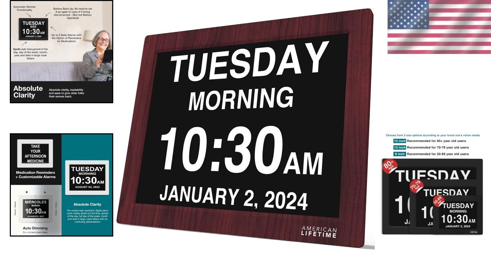 Elegant Mahogany Digital Clock with Custom Alarms for Seniors – 15-Inch Display