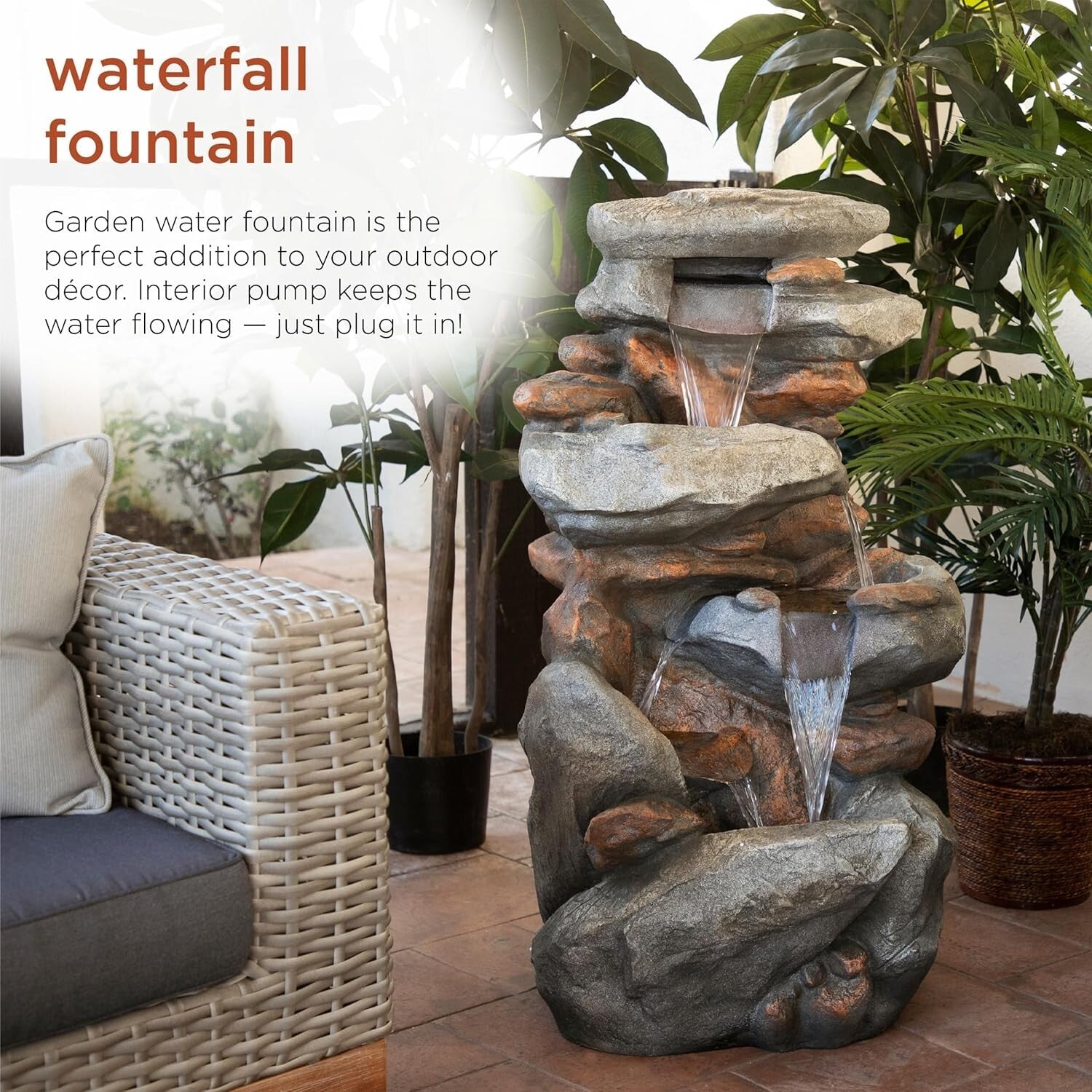 Elegant Light Gray 4-Tier Rock Water Fountain - Soothing Outdoor Water Feature