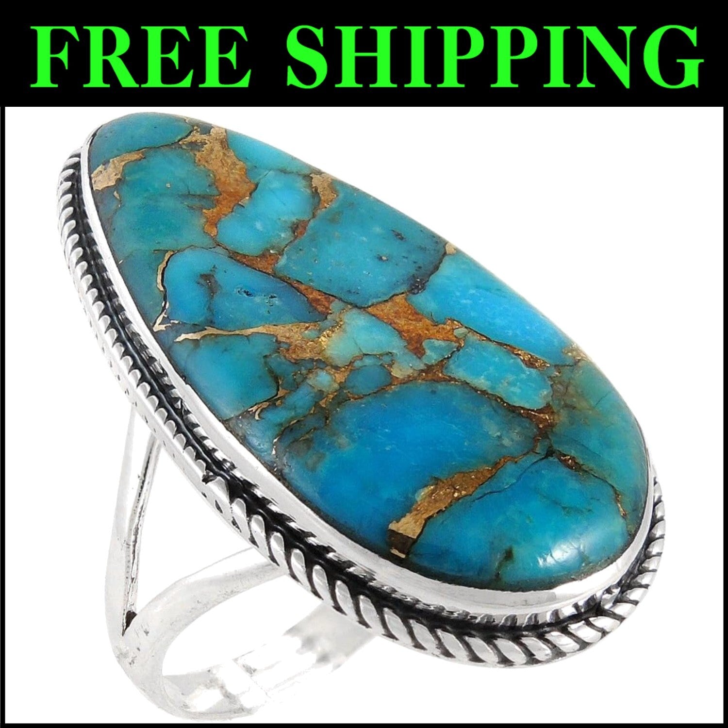 Genuine Turquoise and Sterling Silver 925 Ring - Trendy Southwest Charm