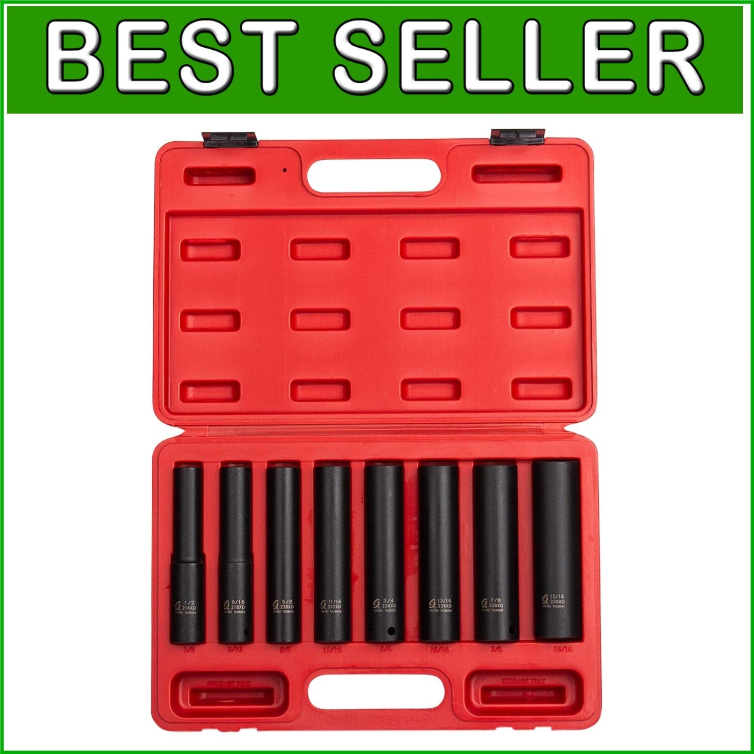 8-Piece SAE Impact Socket Set - Extra Long Deep CR-Mo Steel, Heavy-Duty Case