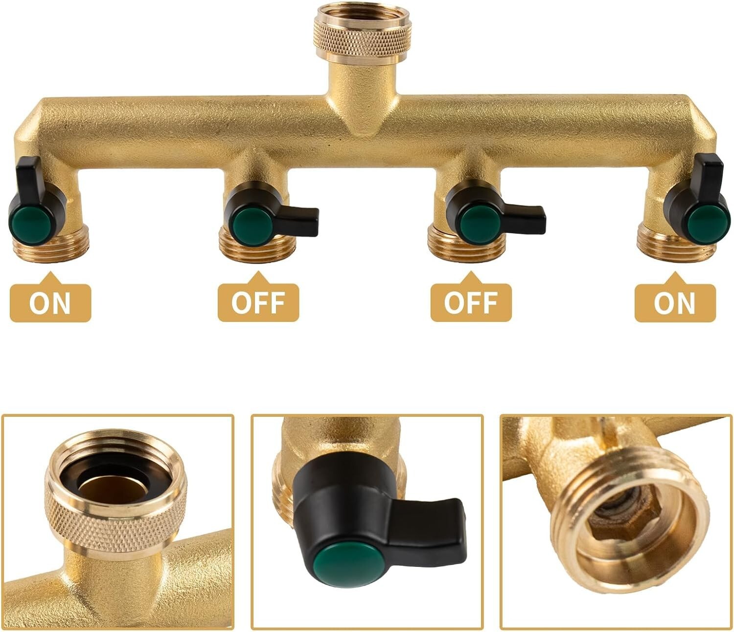 Versatile 4 Way Brass Hose Splitter with Independent Valves for Gardening