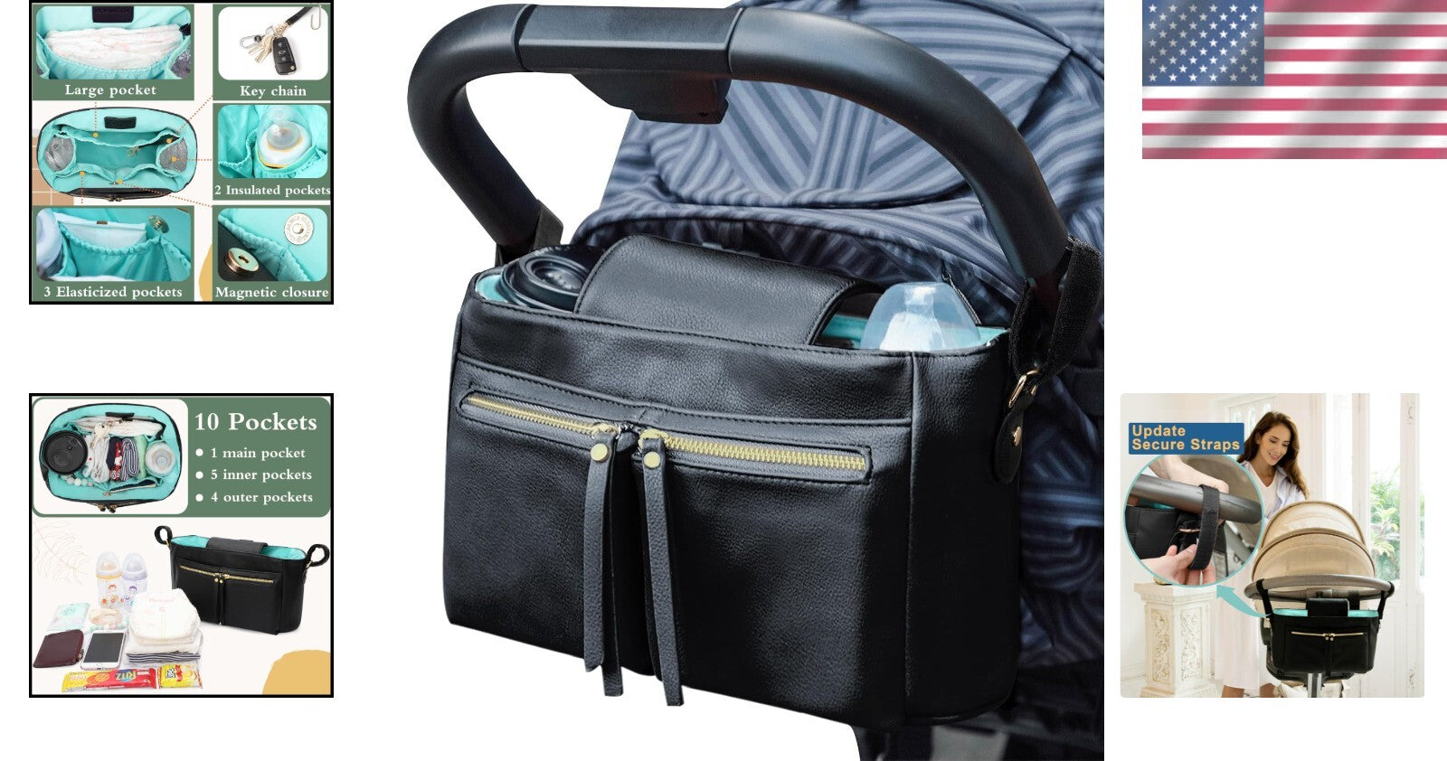 Elegant Stroller Organizer with Insulated Cup Holders - 10 Pocket Design in B...