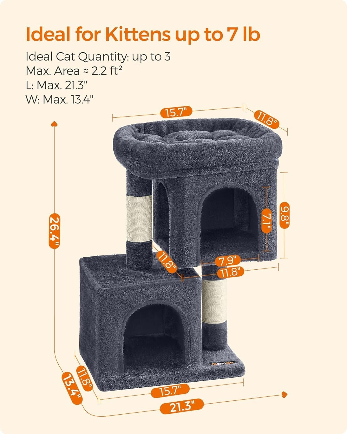 Smoky Gray 26.4-Inch Cat Tree with 2 Caves and Large Perch - Ideal for Kittens