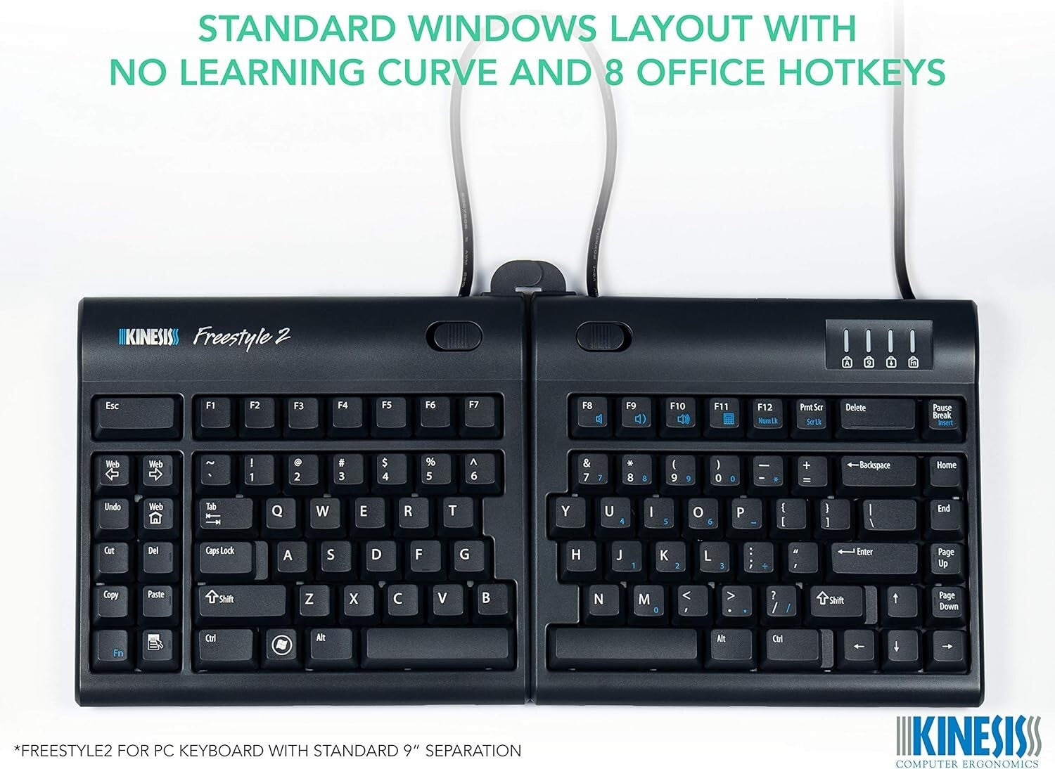 Plug-and-Play Freestyle2 Ergonomic Keyboard with 20” Separation for Office Use