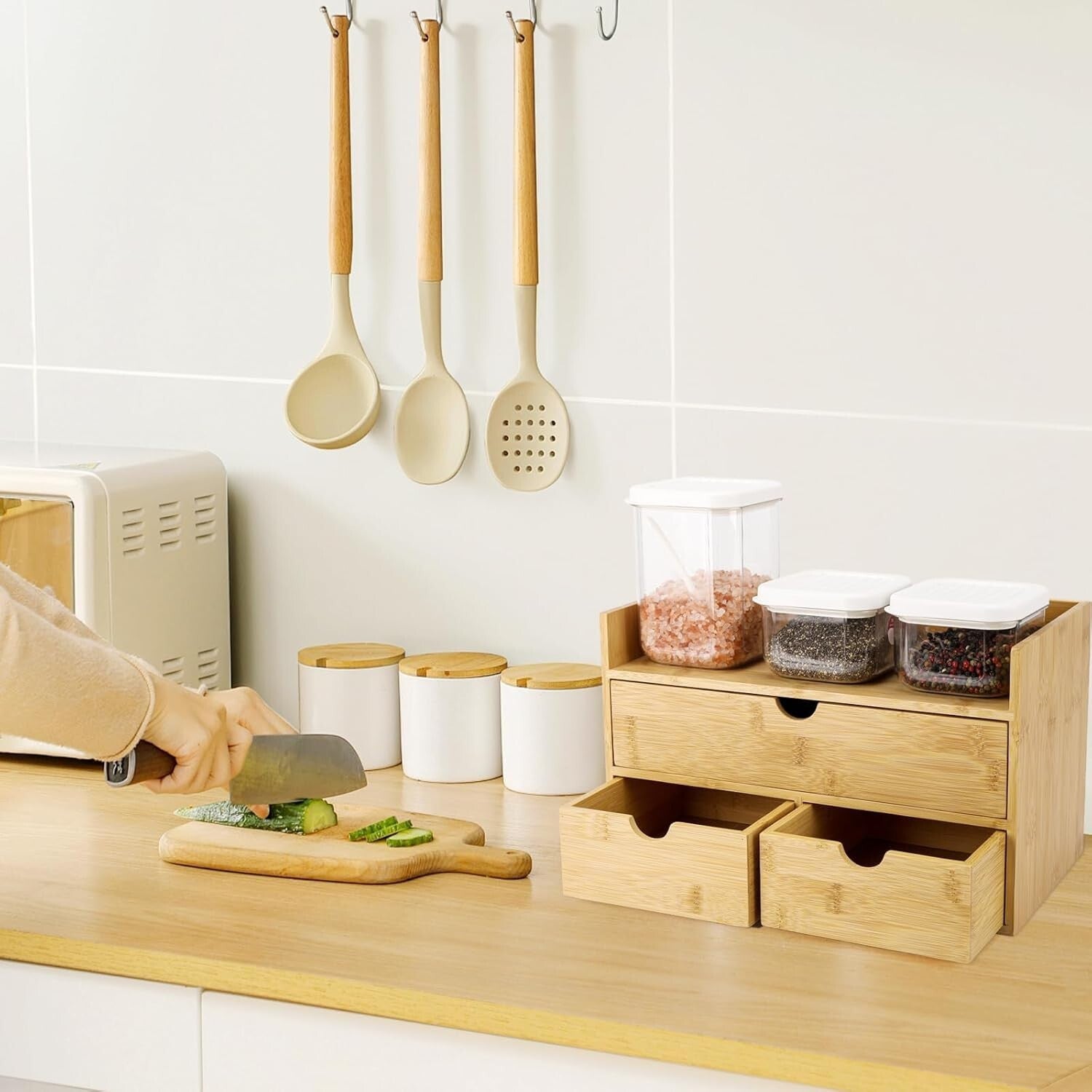 Elegant 3-Drawer Bamboo Desk Organizer with Shelf - Perfect for Makeup & Office