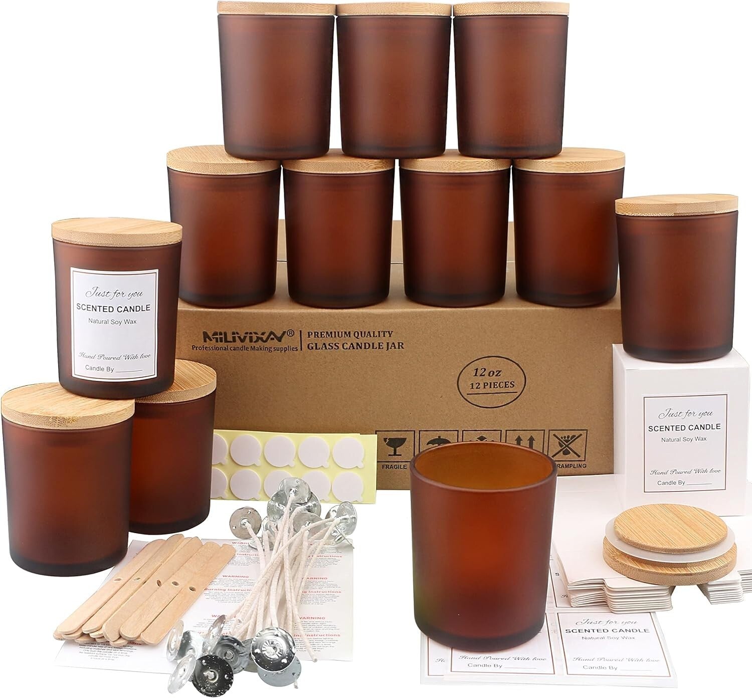 Elegant 12 OZ Frosted Amber Candle Jars with Bamboo Lids - Crafting Kit Included
