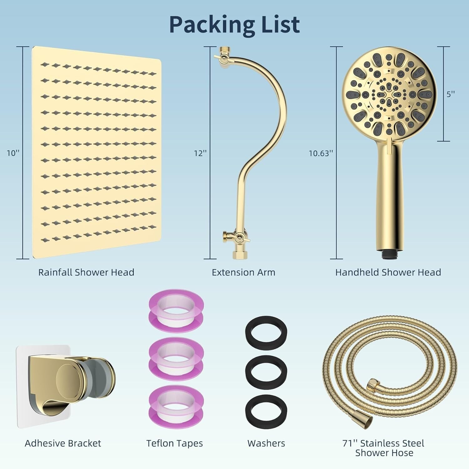 10" High Pressure Luxury Shower Head Set with Gold Handheld and Extension Arm