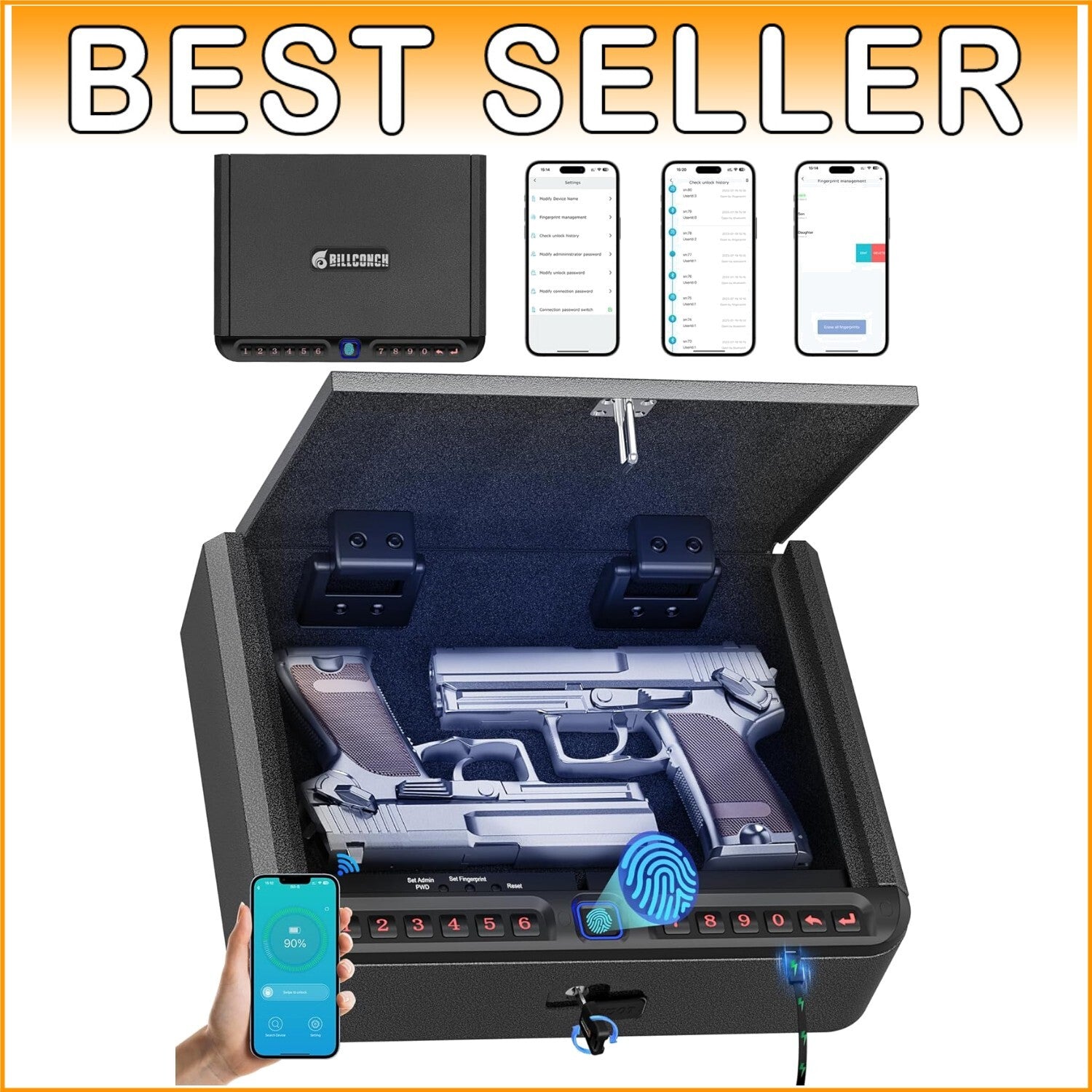 Durable Carbon Steel Gun Safe - Biometric, USB Charge, LED - 10.82"x8.66"x2.75"
