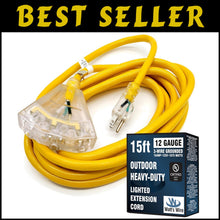 Load image into Gallery viewer, Weather-Resistant 15ft 12 Gauge Extension Cord with 3 Outlets - Lighted Design