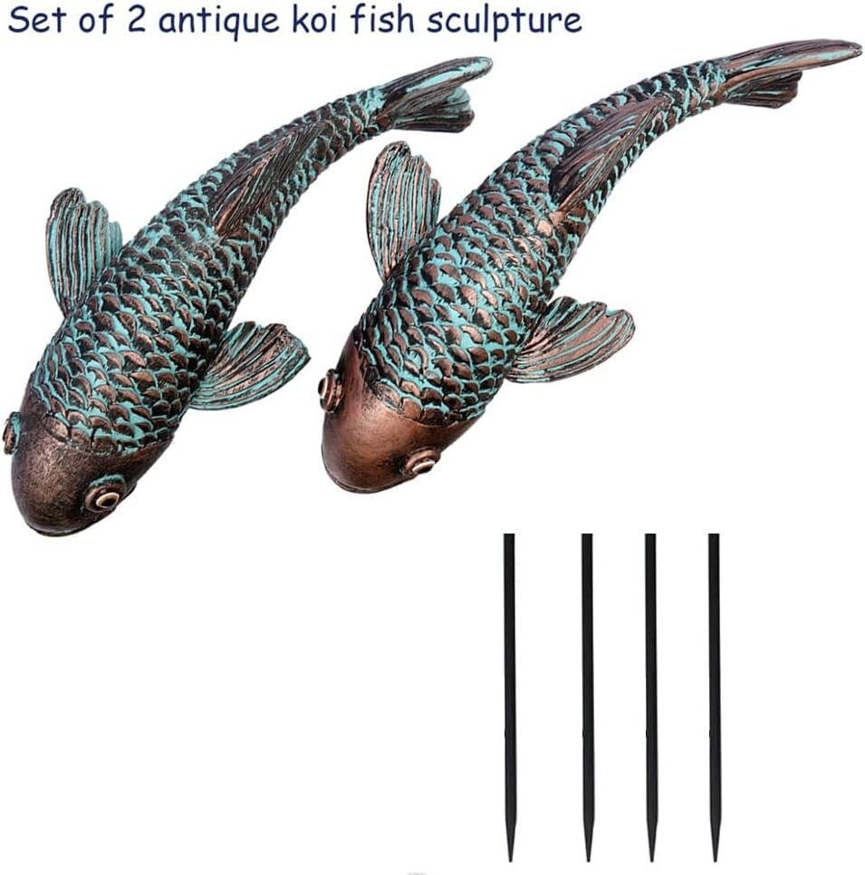 Set of 2 Antique Koi Fish Garden Sculptures - Elegant Resin Statues for Outdoors