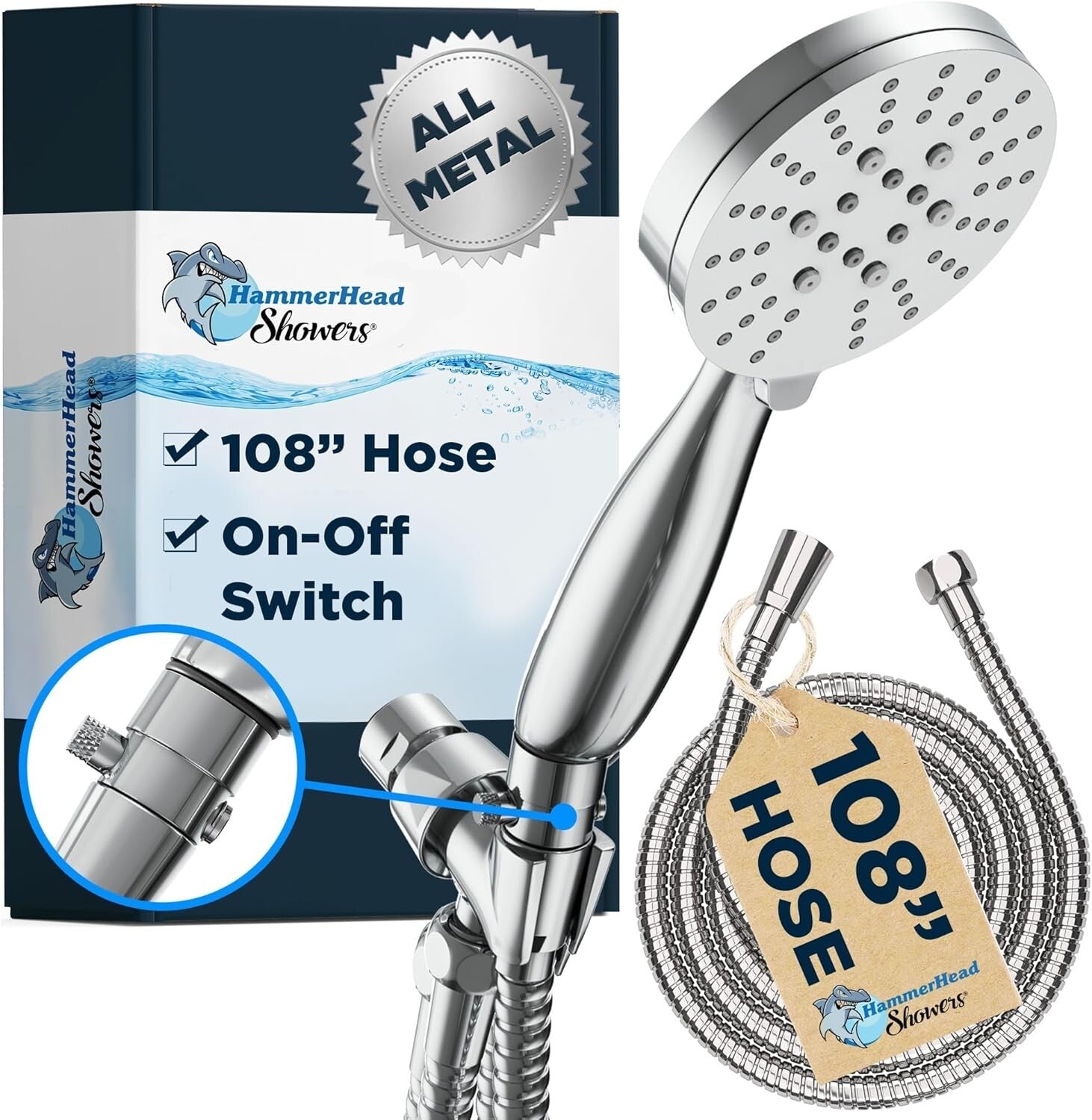 Extra Long 108-Inch Hose Handheld Shower Head - 3 Settings with Shutoff Valve
