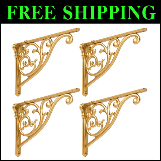 8x5.5 Inch Vintage Gold Iron L Shelf Brackets for DIY Open Shelving - 4 Pack