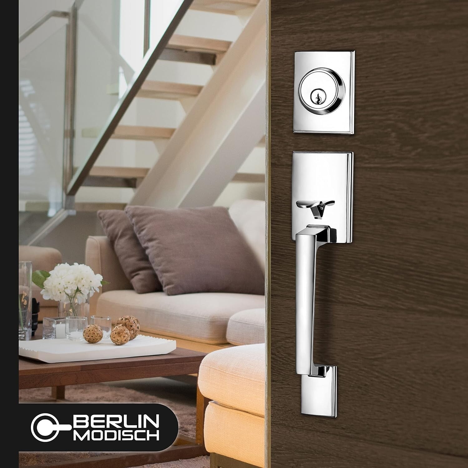 Modern Polished Chrome Reversible Lever Door Handle & Deadbolt Set - Easy Ins...