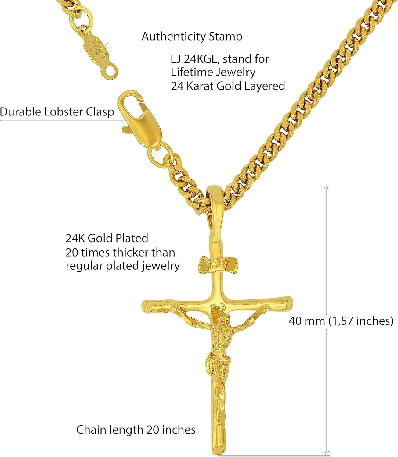 Durable 24K Gold Plated Crucifix Necklace – Yellow & White Gold Options