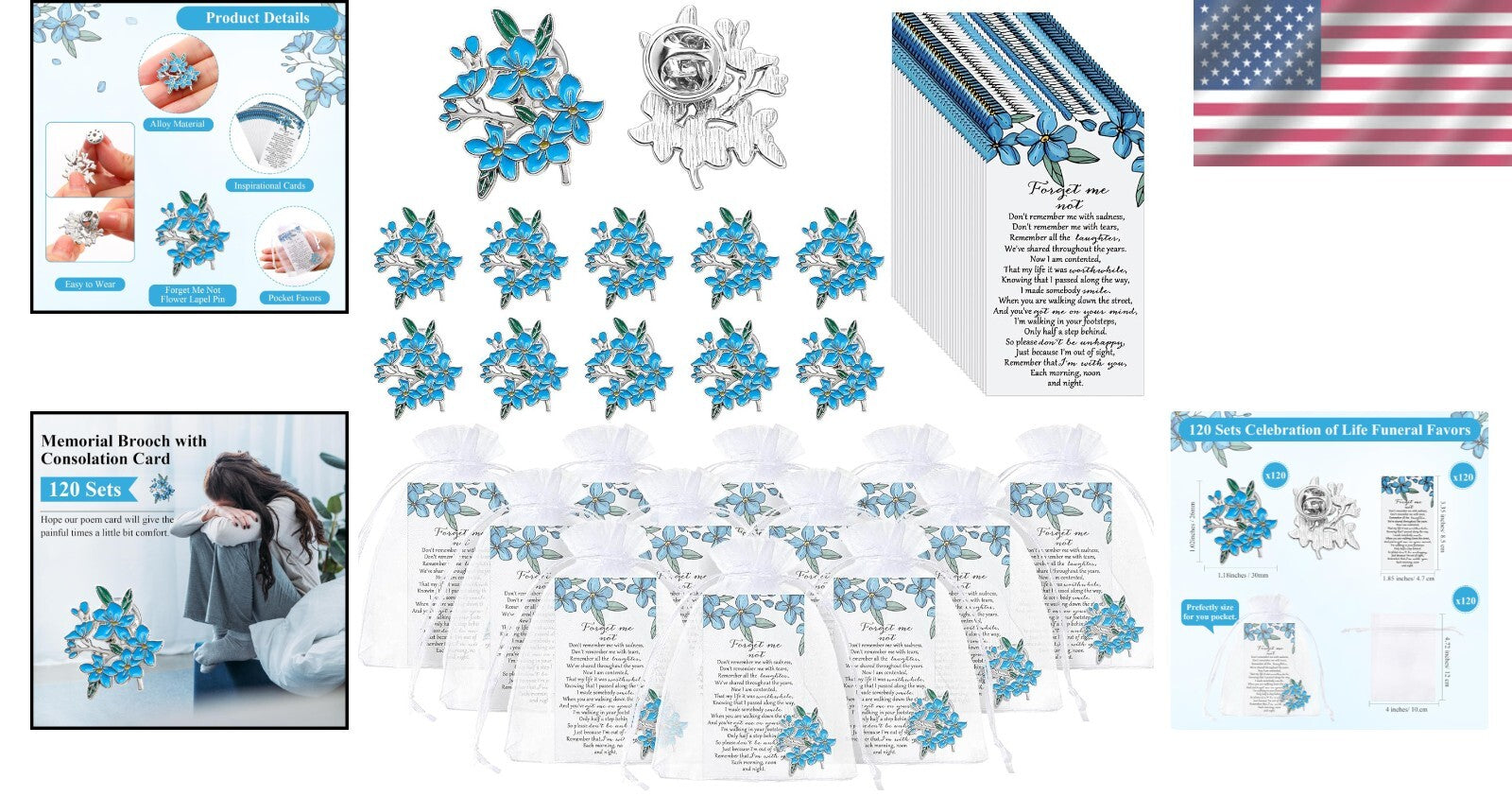 Forget Me Not Memorial Brooches: 90 Sets of Elegant Pins & Thank You Cards