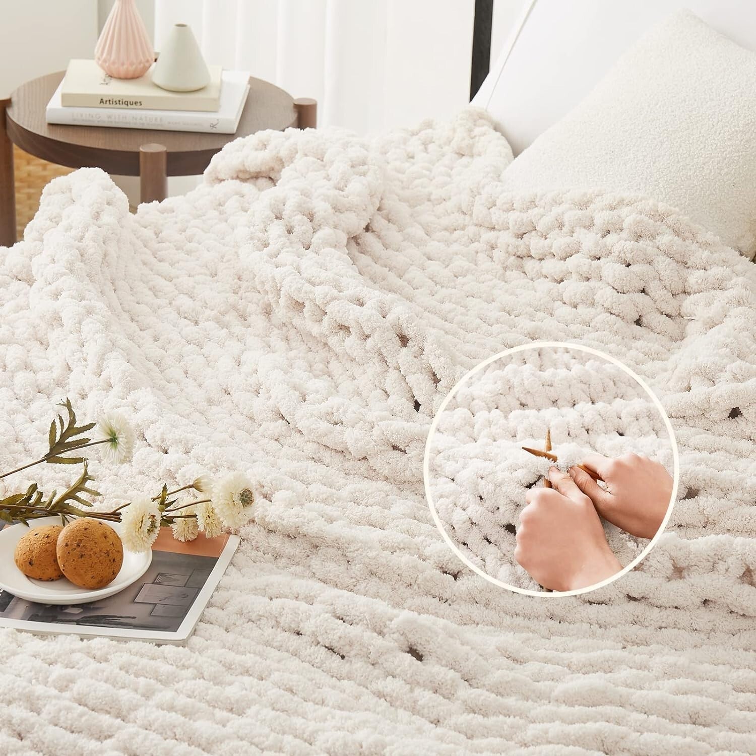 Breathable and Soft Chunky Knit Chenille Throw Blanket - Elegant Ivory 80''x90''