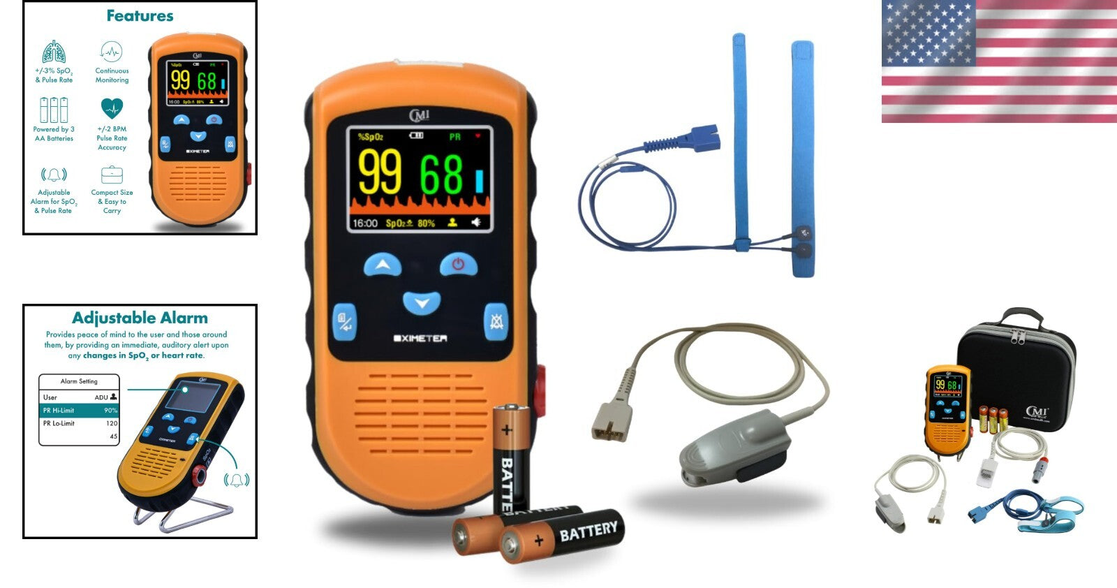 Battery Operated Pulse Oximeter for Infants & Adults - Adjustable Alarm & Case