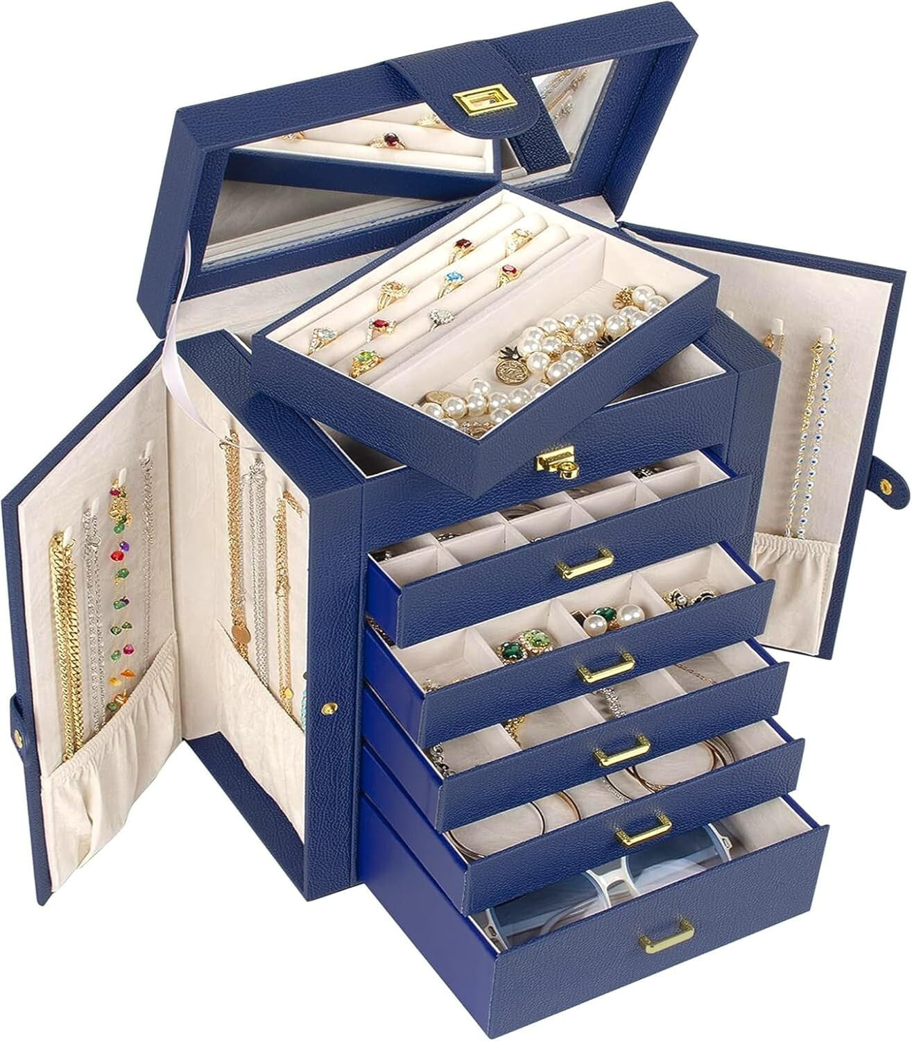 Elegant Lockable Jewelry Organizer with Large Mirror & 6 Drawer Storage - Blue