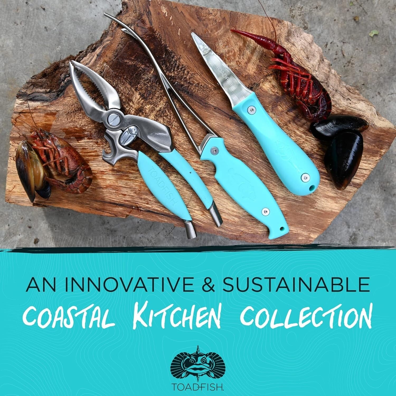 Ergonomic Seafood Tool Set: Crab Cutter, Shrimp Deveiner & Oyster Knife in Blue