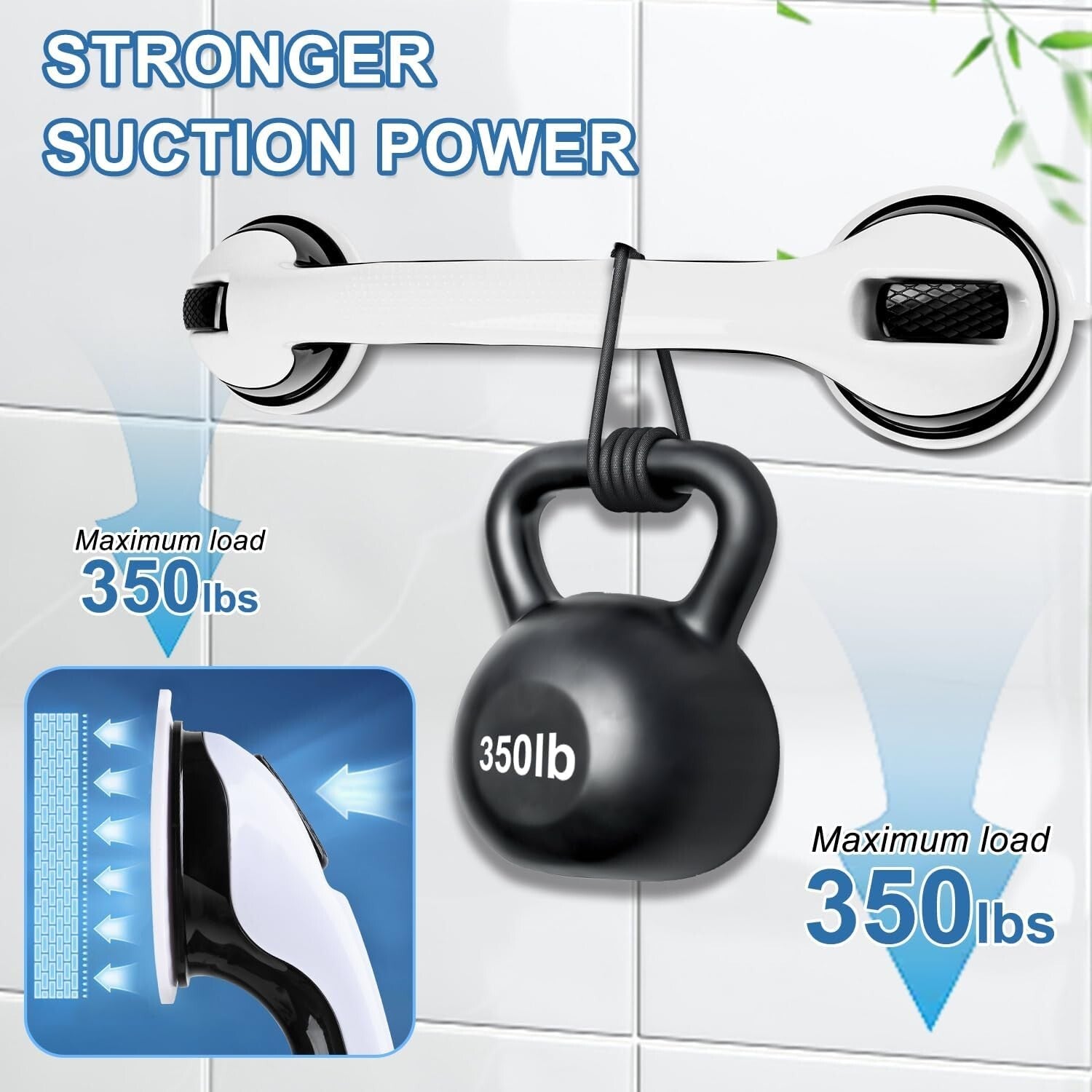 Easy Install 16” Suction Grab Bars - Black Shower Handles for Safety (2 Pack)