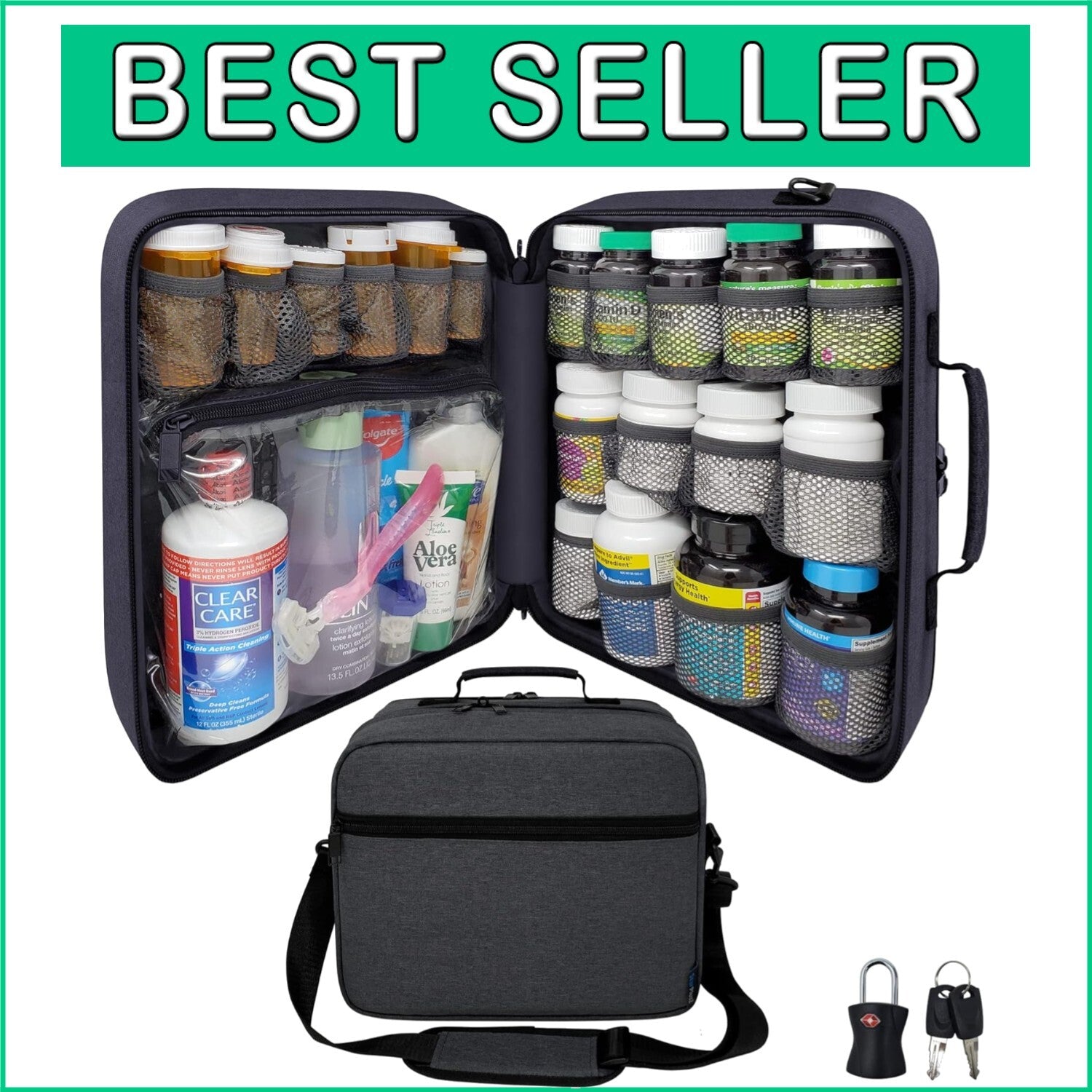 Extra-Large Pill Bottle Organizer: Travel Medicine Bag with Lock & 19 Pockets