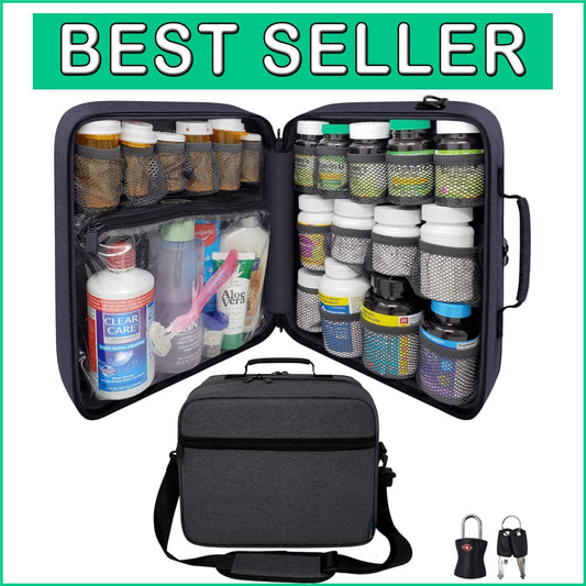 Extra-Large Pill Bottle Organizer: Travel Medicine Bag with Lock & 19 Pockets