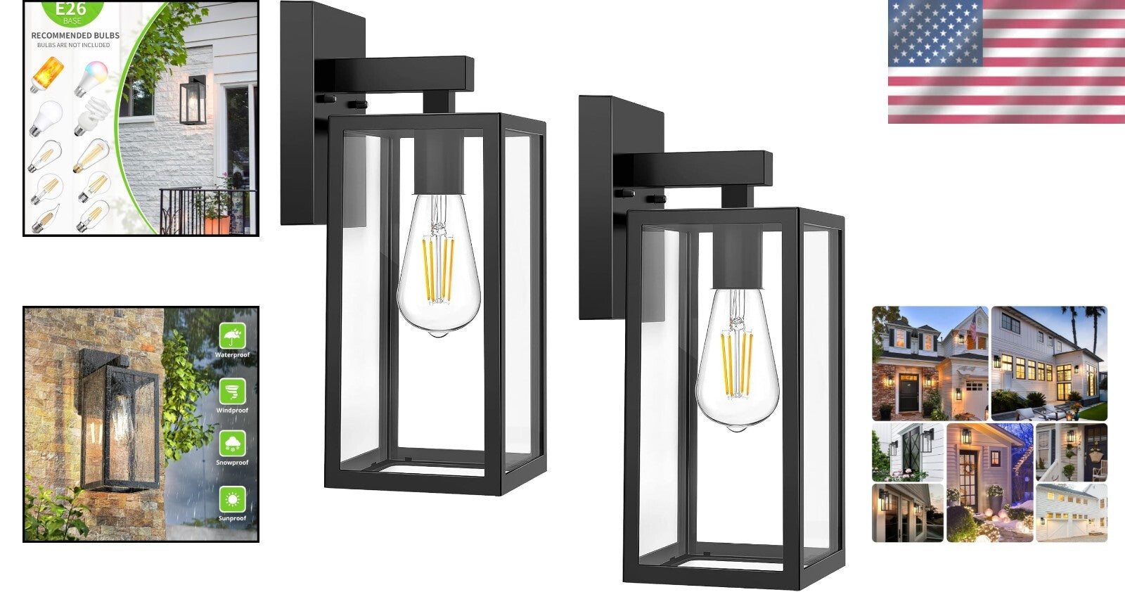 Energy-Efficient Waterproof Wall Mount Lights - Modern Black Sconces 2 Pack