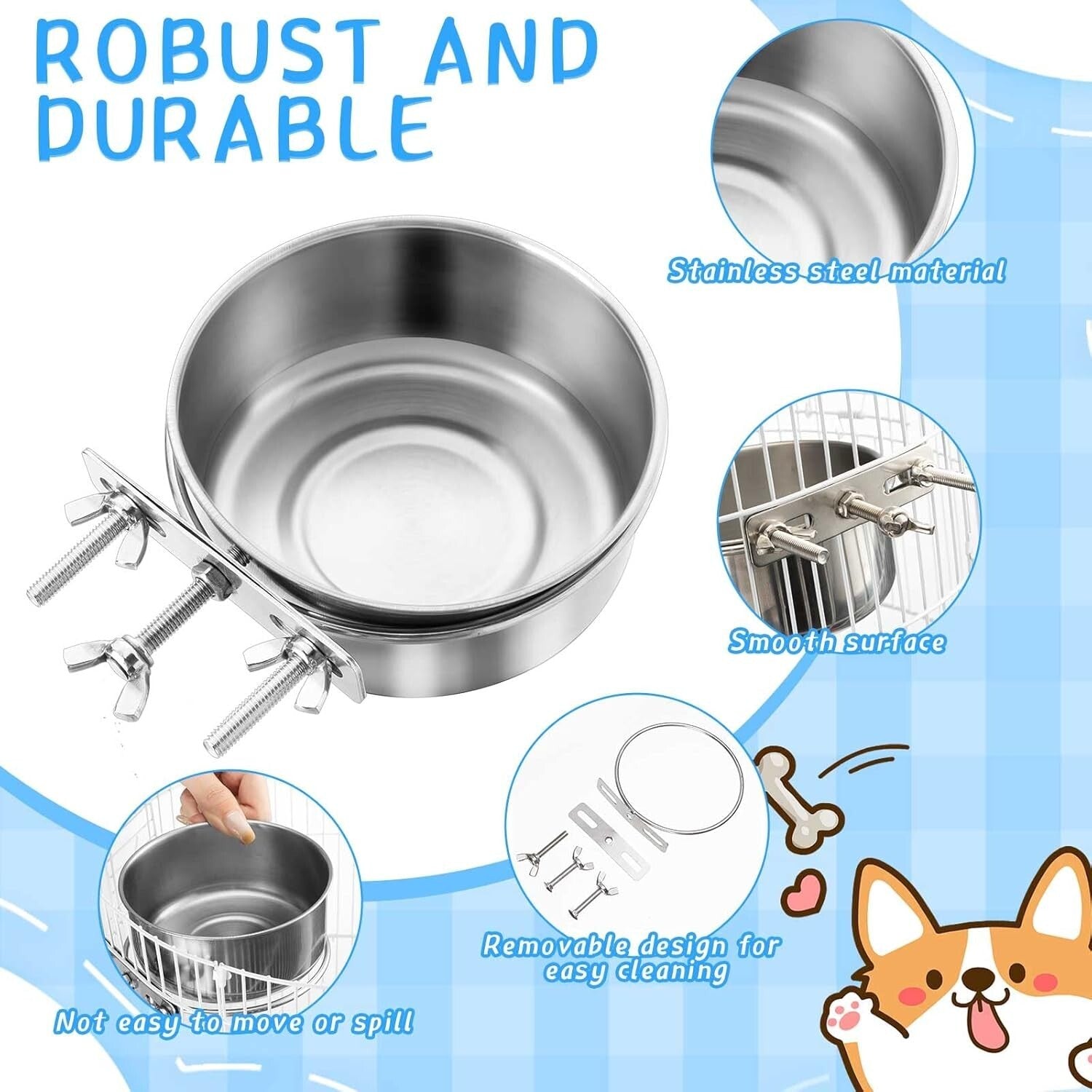 Durable Stainless Steel Pet Feeding Bowls with Clamp Holder - Spill Proof Set