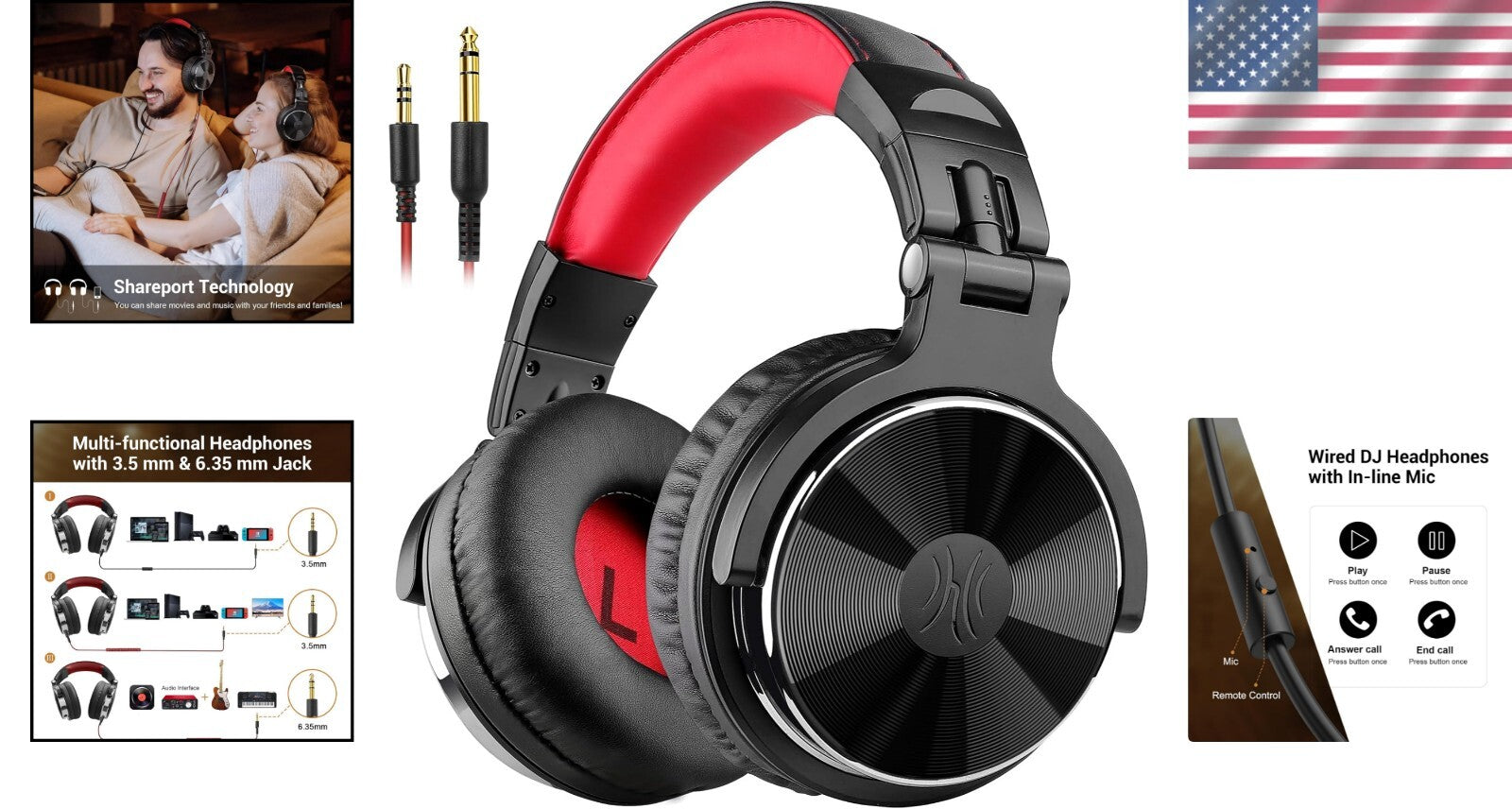 Dynamic Bass Over-Ear Studio Headphones with 50mm Drivers & Dual Jacks - Red