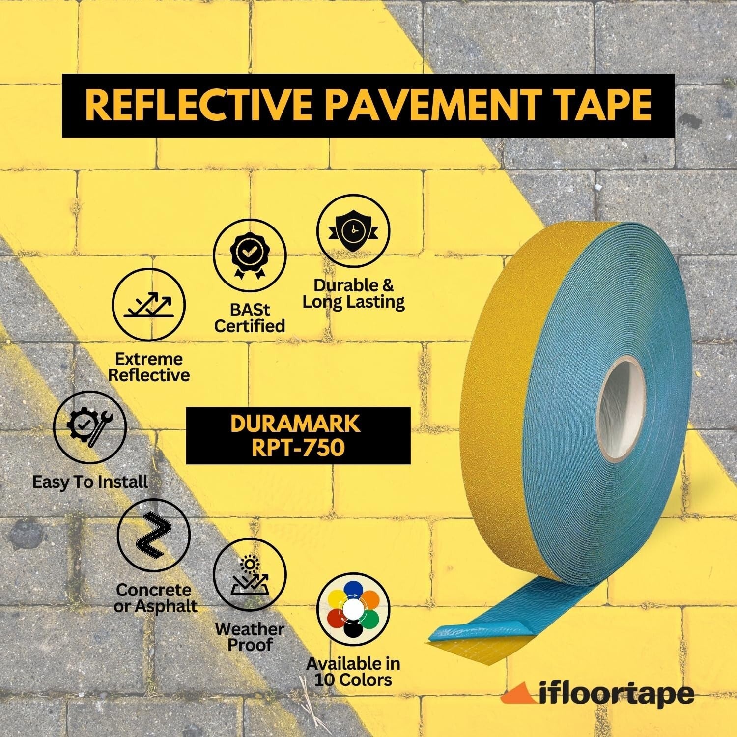 BASt Certified 2" Reflective Slip-Resistant Pavement Marking Tape - 108ft Yellow