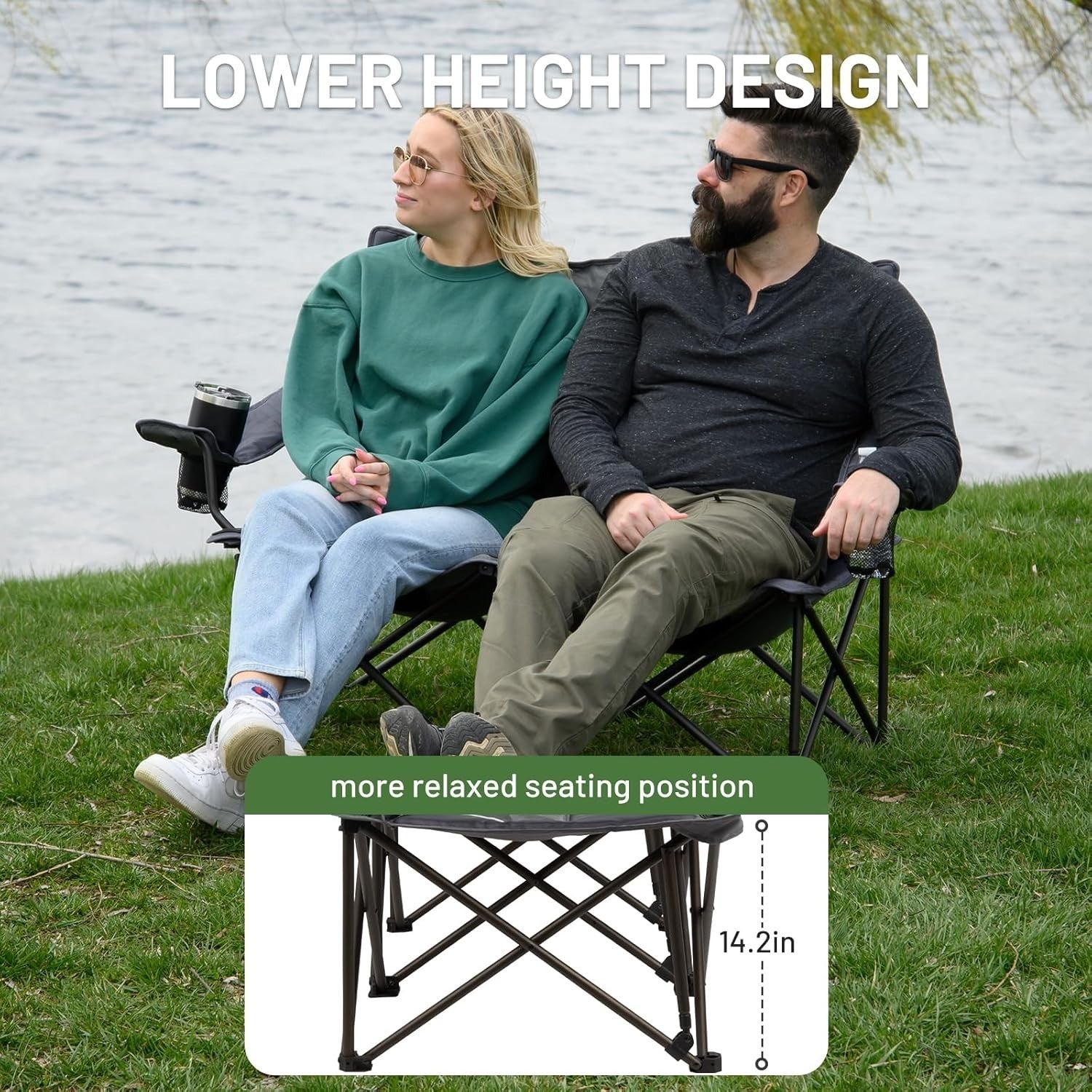 Grey Folding Camping Chair Loveseat for 2 - Perfect for Intimate Outdoor Moments