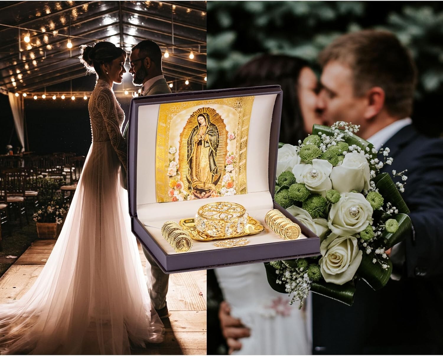 Gold Catholic Wedding Arras Set with Virgen de Guadalupe in Deluxe Gift Box
