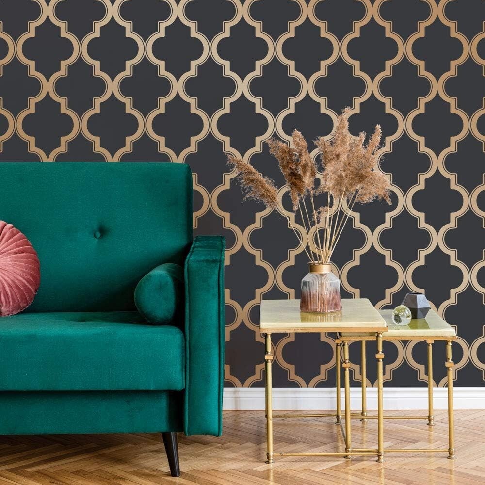 Midnight & Metallic Gold Removable Peel and Stick Trellis Wallpaper, 20.5"x16...