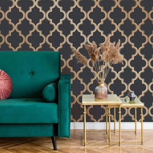 Load image into Gallery viewer, Midnight &amp; Metallic Gold Removable Peel and Stick Trellis Wallpaper, 20.5"x16...