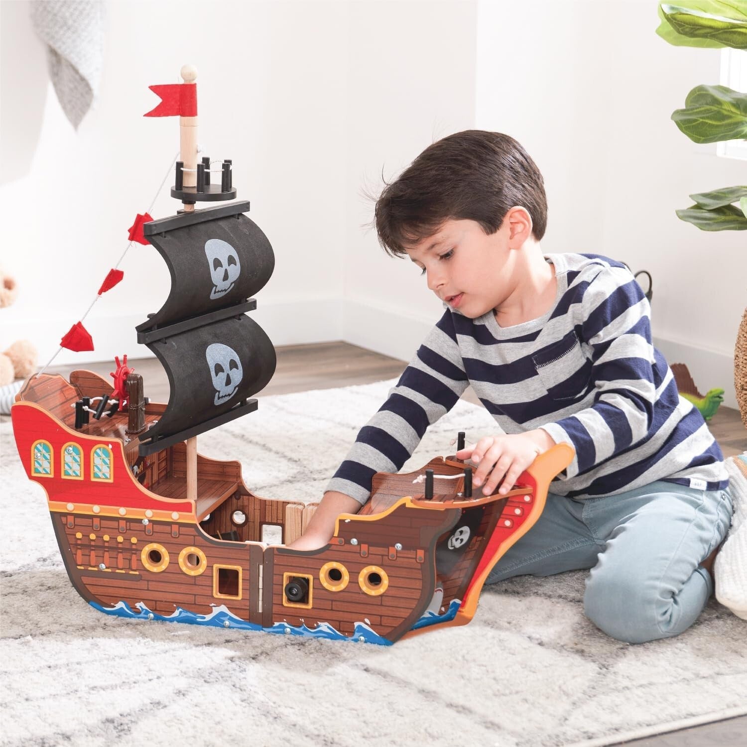 3-Level Wooden Pirate Ship Play Set with Realistic Lights & Sounds for Kids