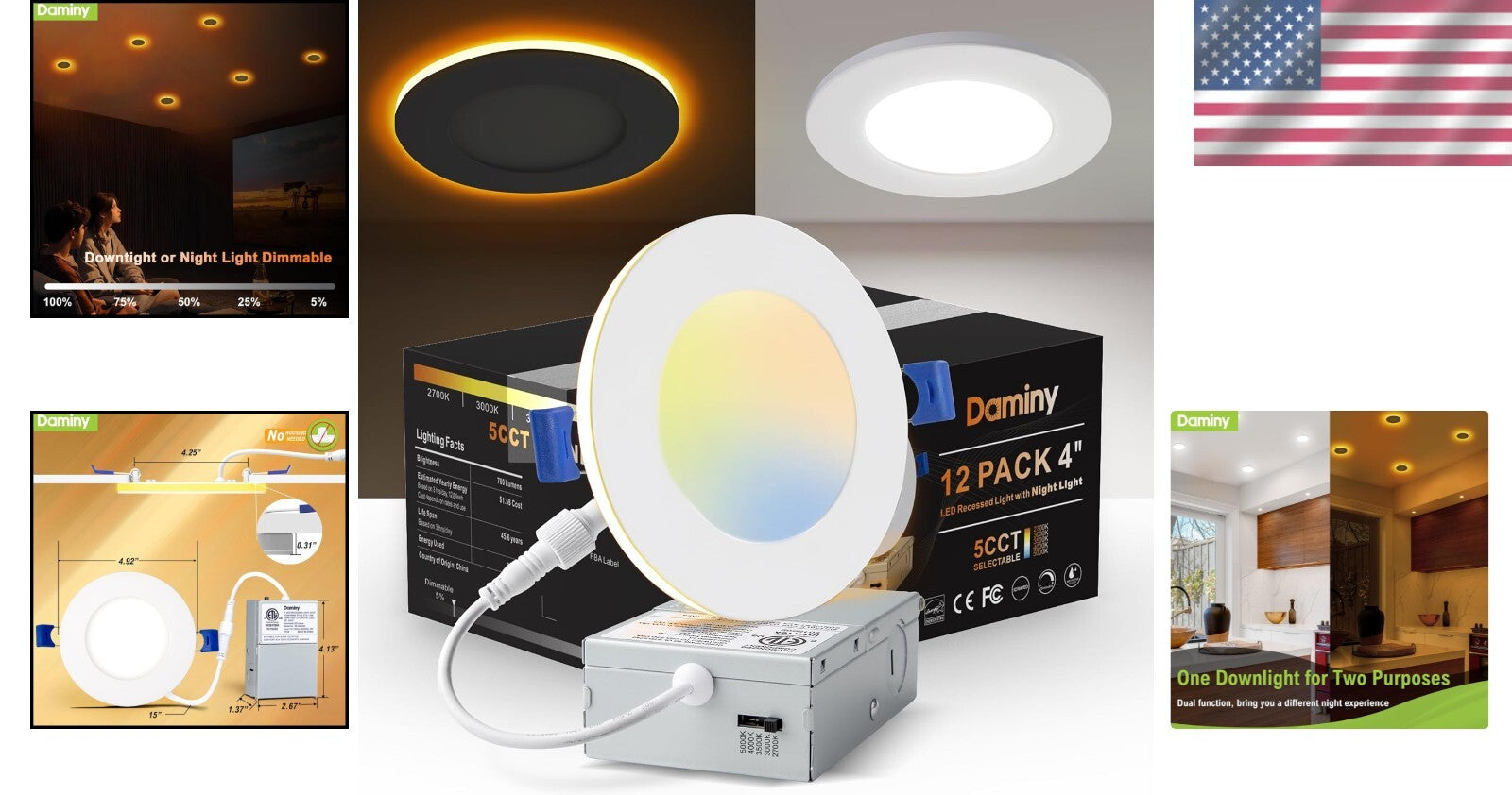 12-Pack 4 Inch Dimmable LED Recessed Lighting - 5 Color Options, ETL Approved