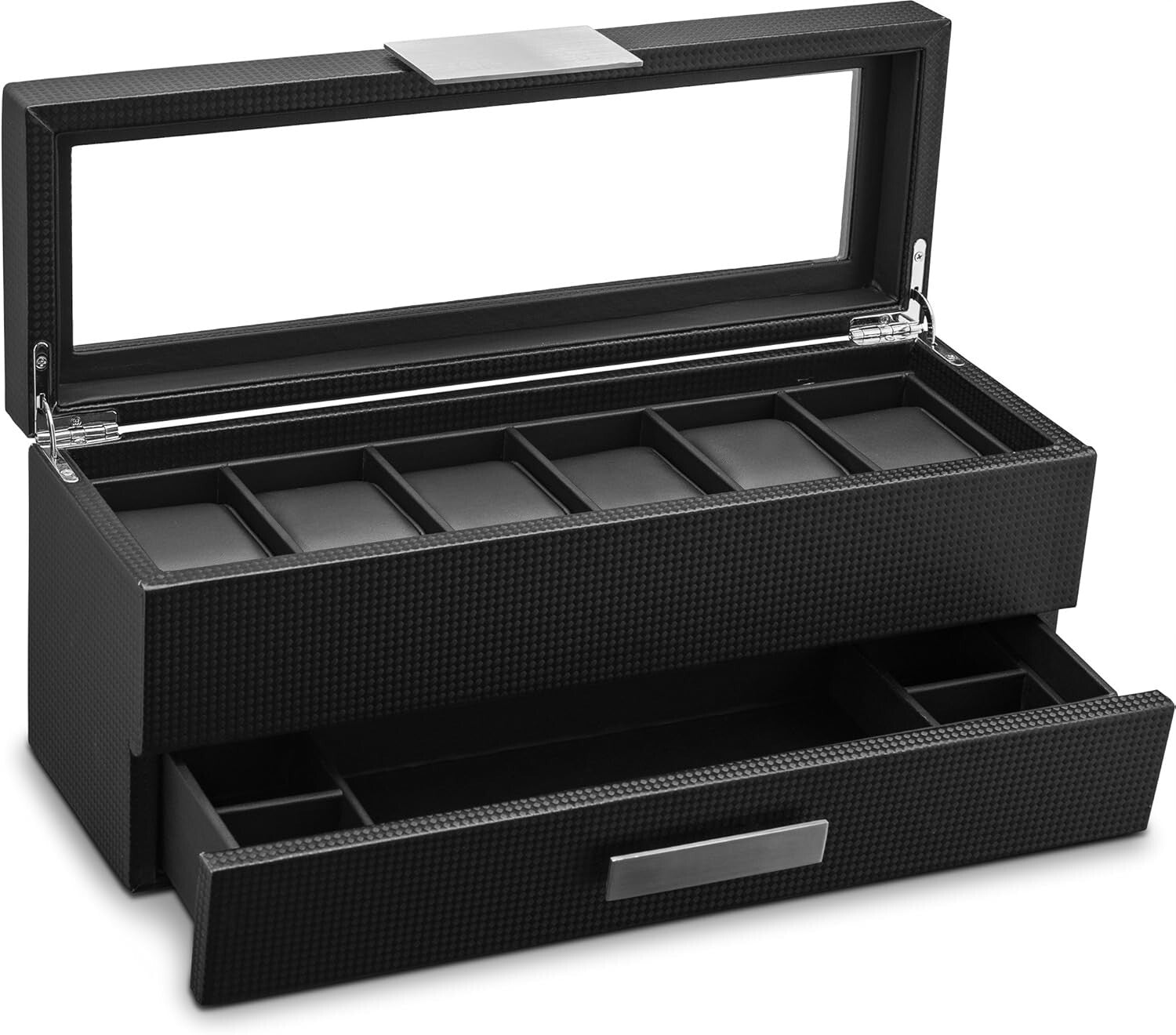 Stunning 6 Slot Men's Watch Organizer with Valet Drawer & Faux Leather Interior