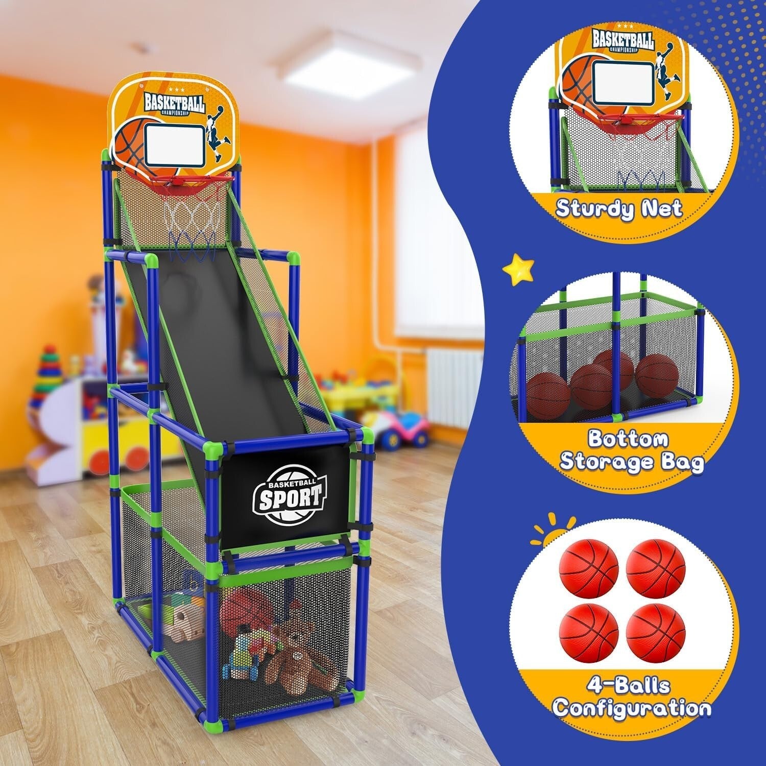Kids Indoor Basketball Hoop with Adjustable Height & Storage for Fun Playtime