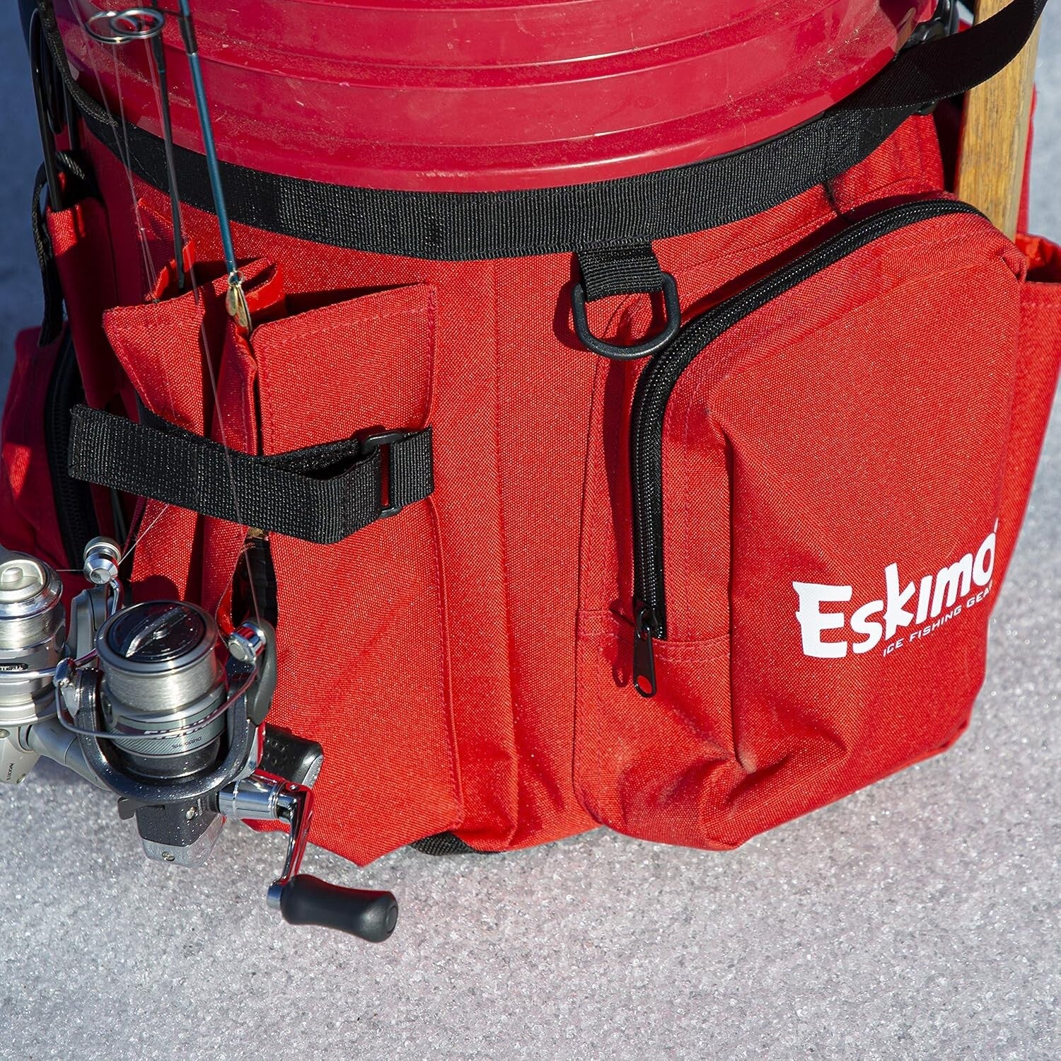 Durable Ice Fishing Bucket Caddy in Black/Red for Ultimate Gear Organization
