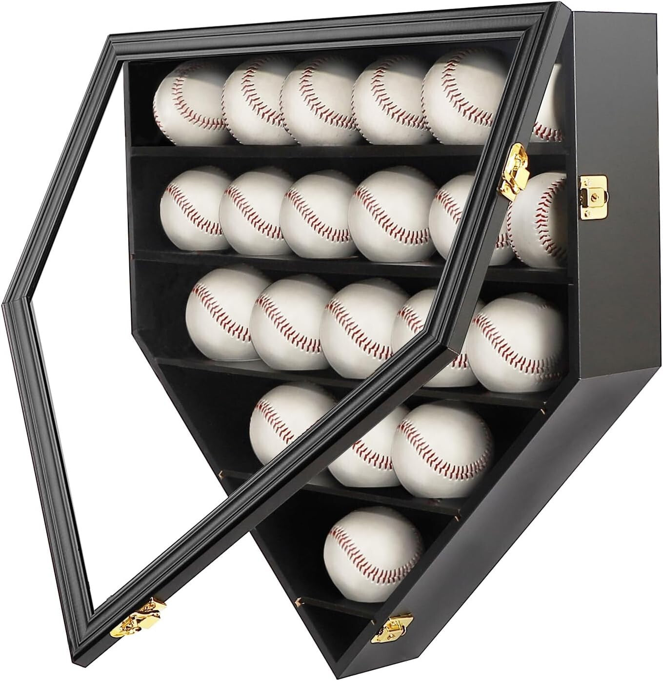 Black Wooden Baseball Display Cabinet with Gold Locks - Perfect for Collectors