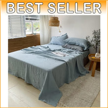 Load image into Gallery viewer, Luxurious 100% Pure Flax Linen Bed Sheet Set in Dusty Blue - Queen Size 4-Pcs