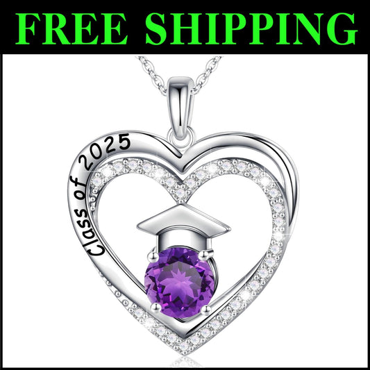 Engraved Class of 2025 Birthstone Necklace - Sterling Silver Graduation Jewelry