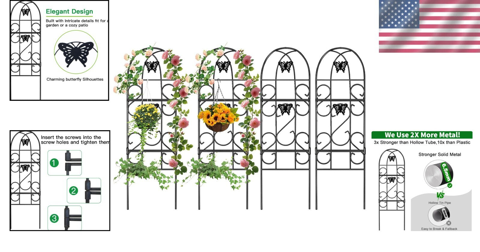 Durable 60" x 18" Butterfly Design Garden Trellis for Climbing Roses & Vines