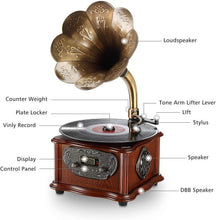 Load image into Gallery viewer, Vintage Phonograph Retro Turntable with Copper Horn – Bluetooth &amp; Aux Input