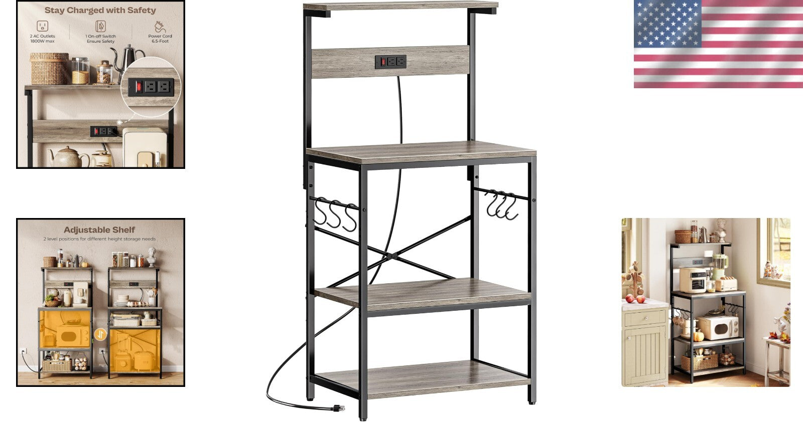 Versatile Kitchen Bakers Rack with Power Outlets & 6 Hooks for Easy Organization