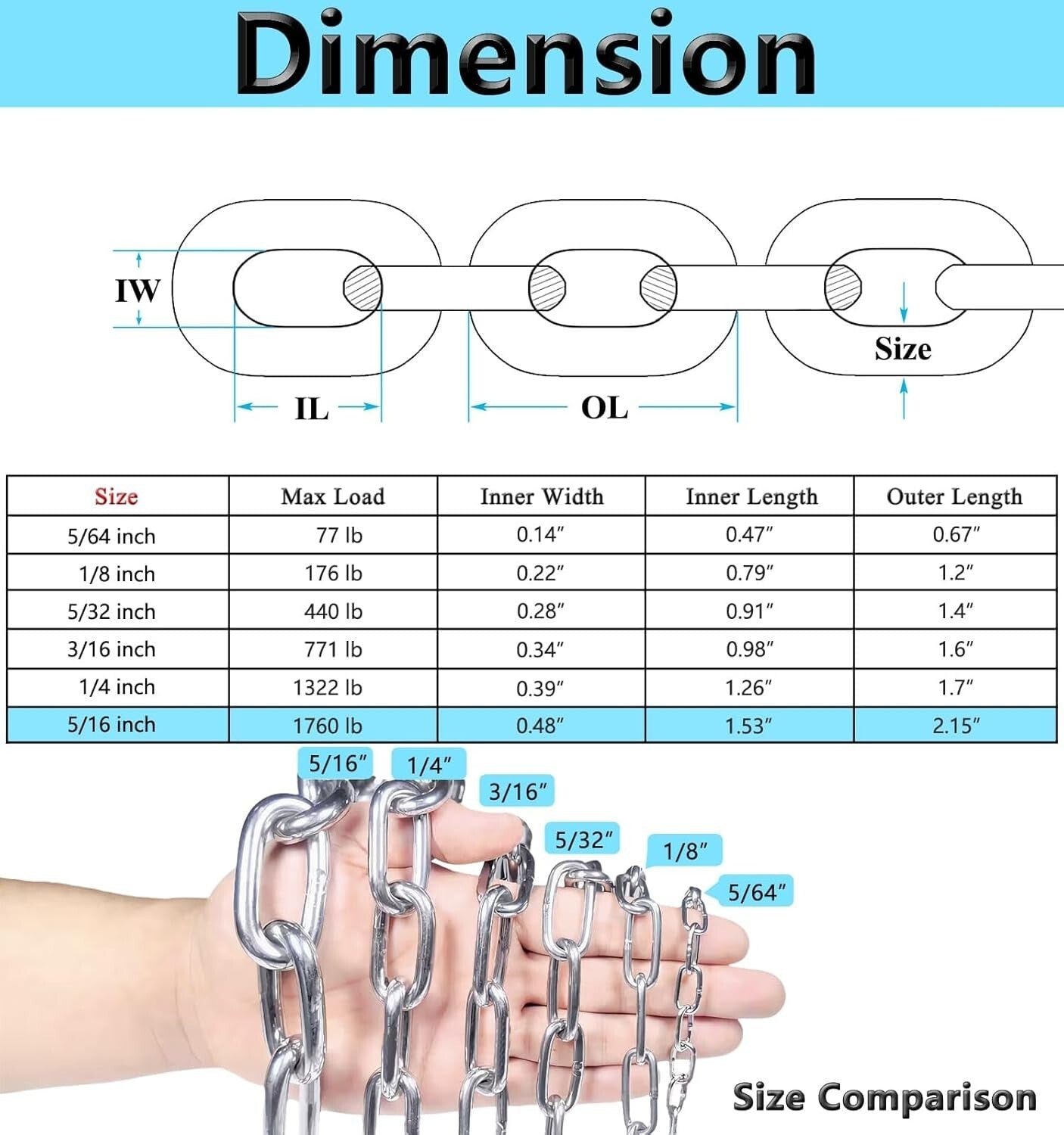 13ft Heavy Duty Stainless Steel Chain - 1/4in Utility Link for Versatile Use