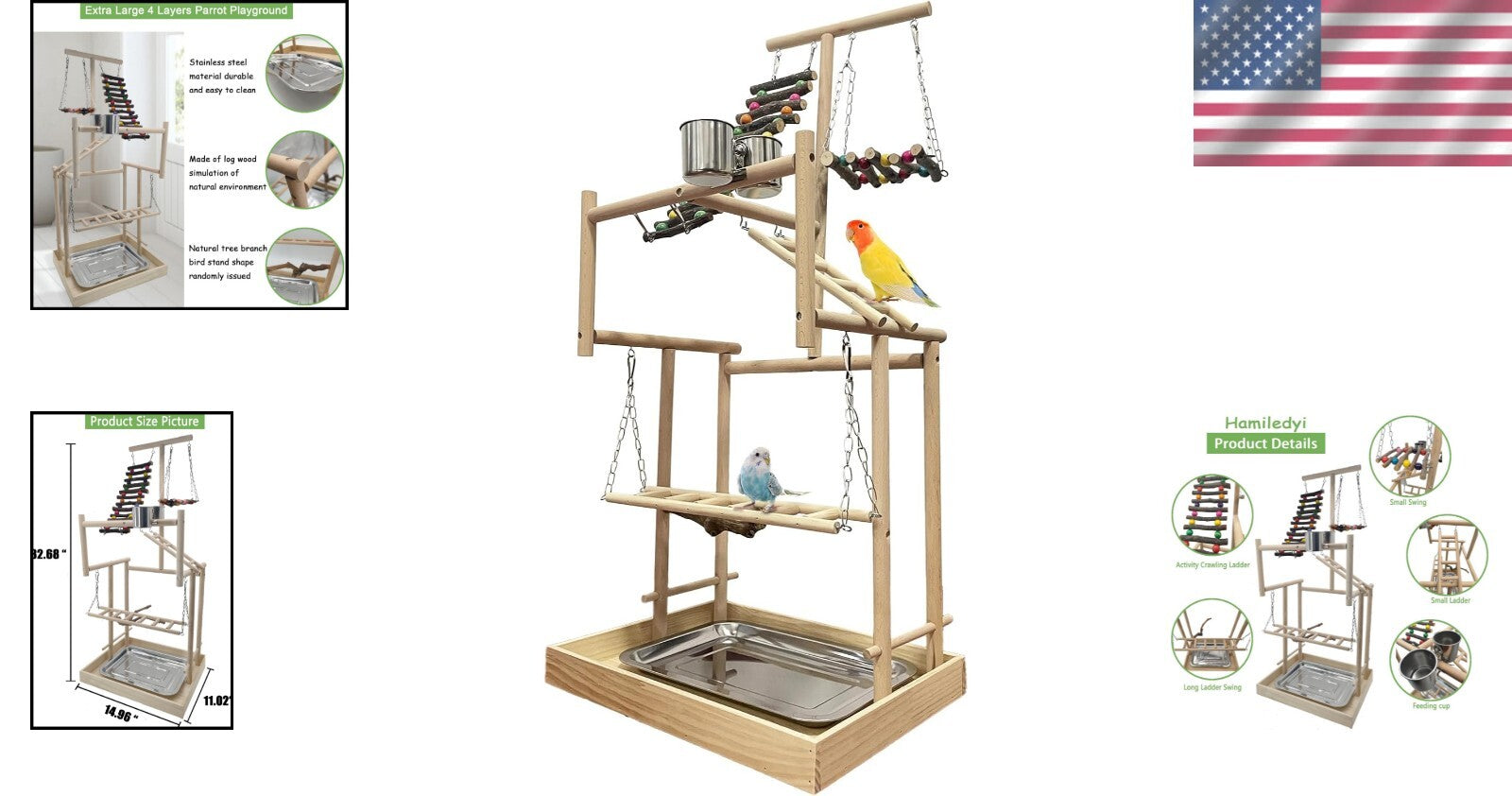 4-Layer Wooden Bird Playground Gym for Parrots - Natural Habitat Playstand